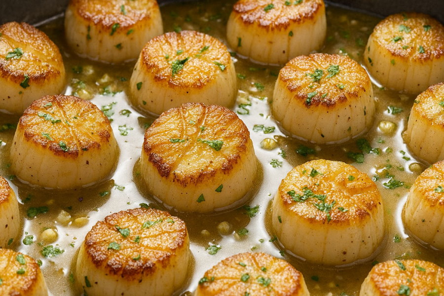 Pan-seared scallops in cream sauce