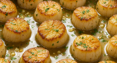 Pan-seared scallops in cream sauce