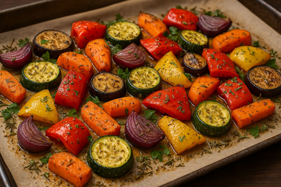 Oven-baked vegetables with aromatic herbs